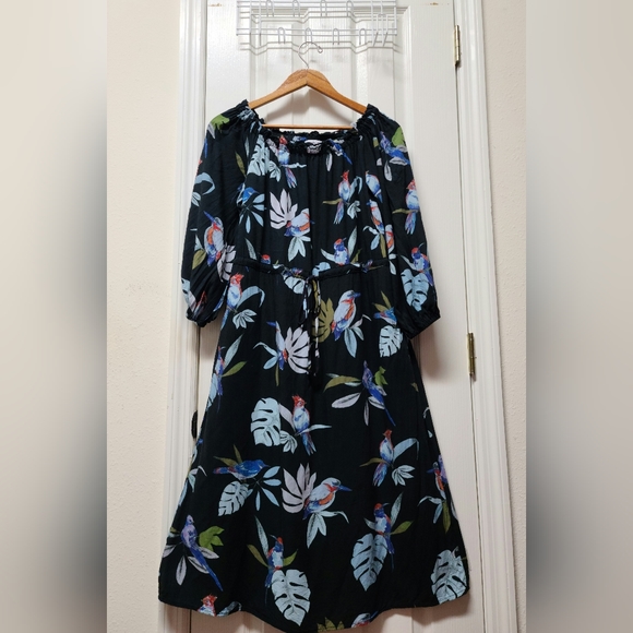 ANTHROPOLOGIE SAM & LAVI OFF THE SHOULDER BIRDS OF PARADISE CARDINALS DRESS XS - Picture 2 of 15